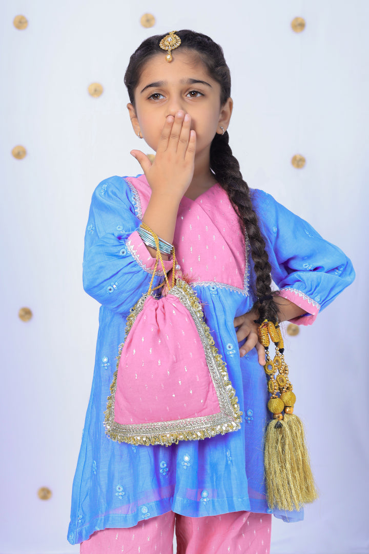 Girls Blue and Pink Embroidered Kurta Set with Matching Potli - CuddlesClothing