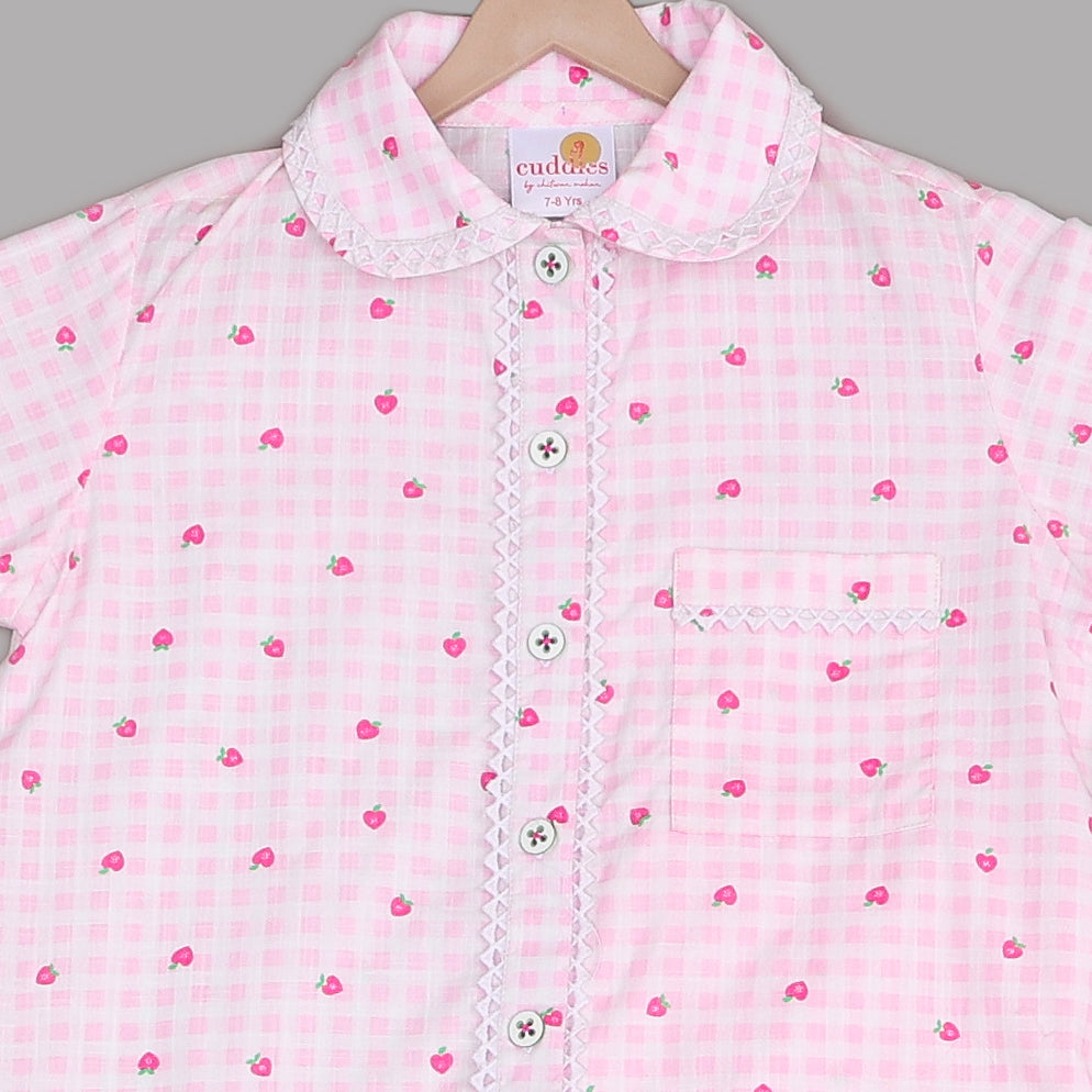 Pink Gingham Strawberry Cotton Nightsuit for Kids - CuddlesClothing