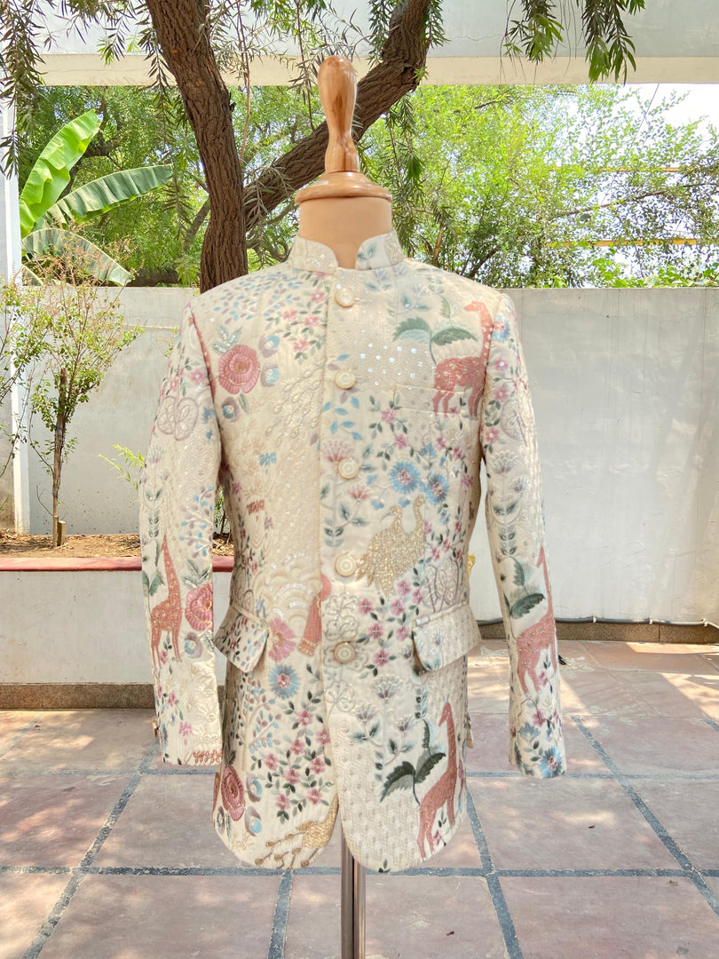 Ivory Silk Jodhpuri Set with Hand-Embroidered Animal & Floral Motifs - CuddlesClothing