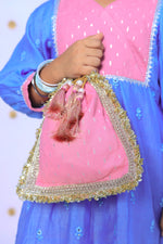 Load image into Gallery viewer, Girls Blue and Pink Embroidered Kurta Set with Matching Potli - CuddlesClothing