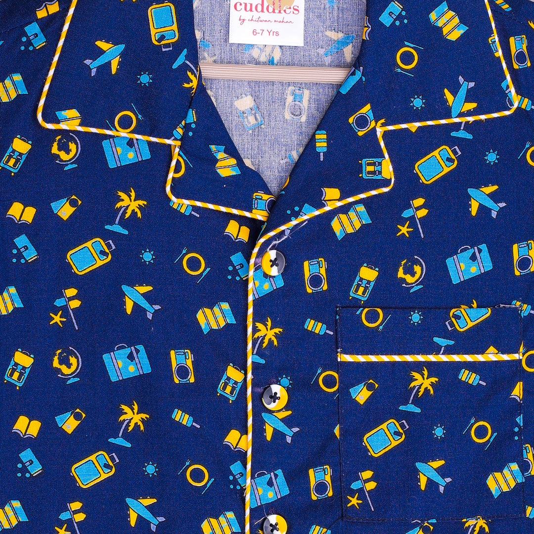 Navy Travel Print Cotton Nightsuit for Boys - CuddlesClothing