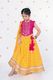 Girls' Pink Mirror Work Choli and Yellow Printed Lehenga Set - CuddlesClothing