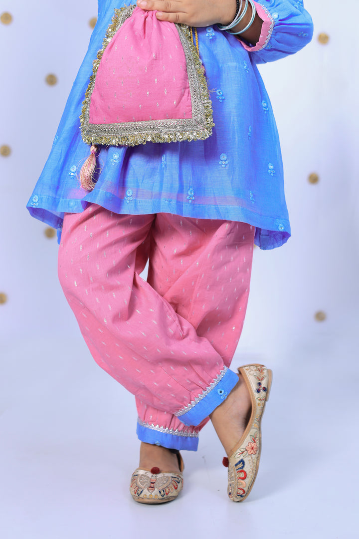 Girls Blue and Pink Embroidered Kurta Set with Matching Potli - CuddlesClothing