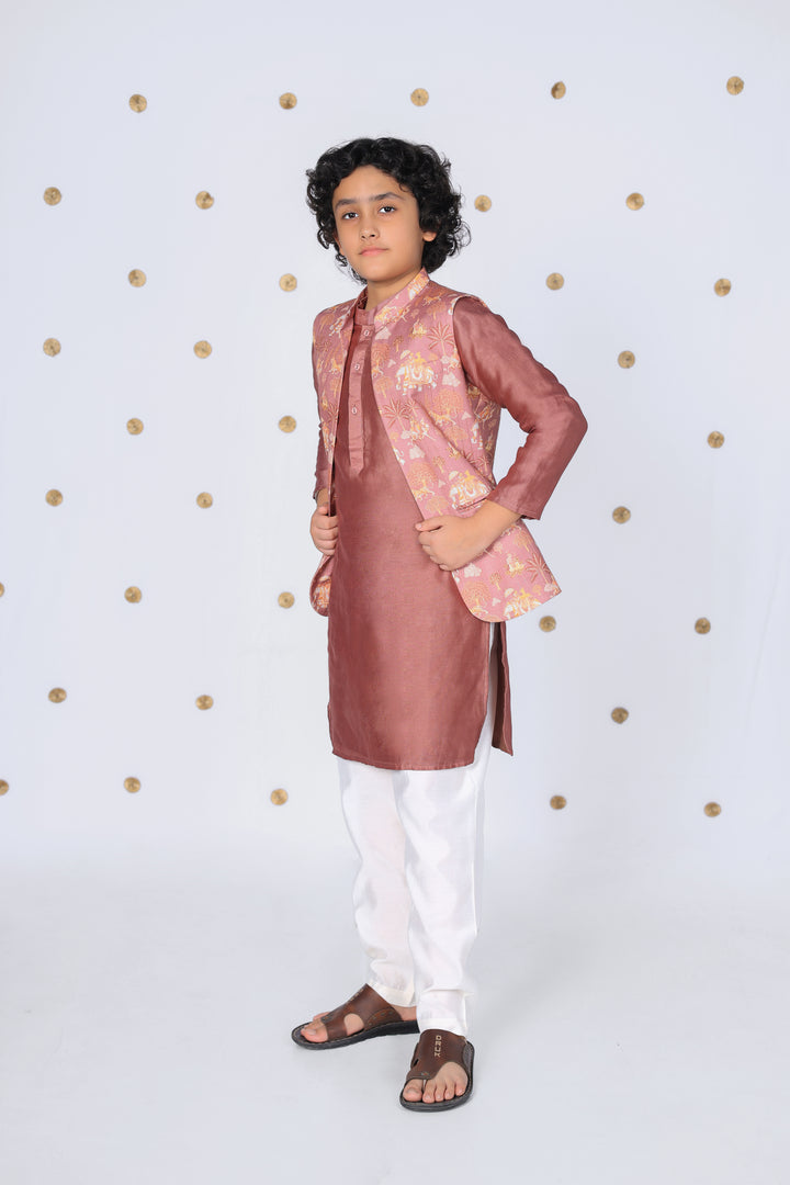 Boys Silk Kurta with Printed Nehru Jacket and Pajama - CuddlesClothing