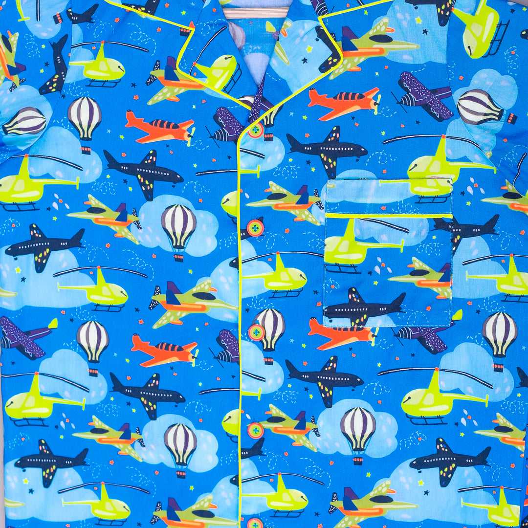 Blue Aviation Print Cotton Nightsuit for Boys - CuddlesClothing