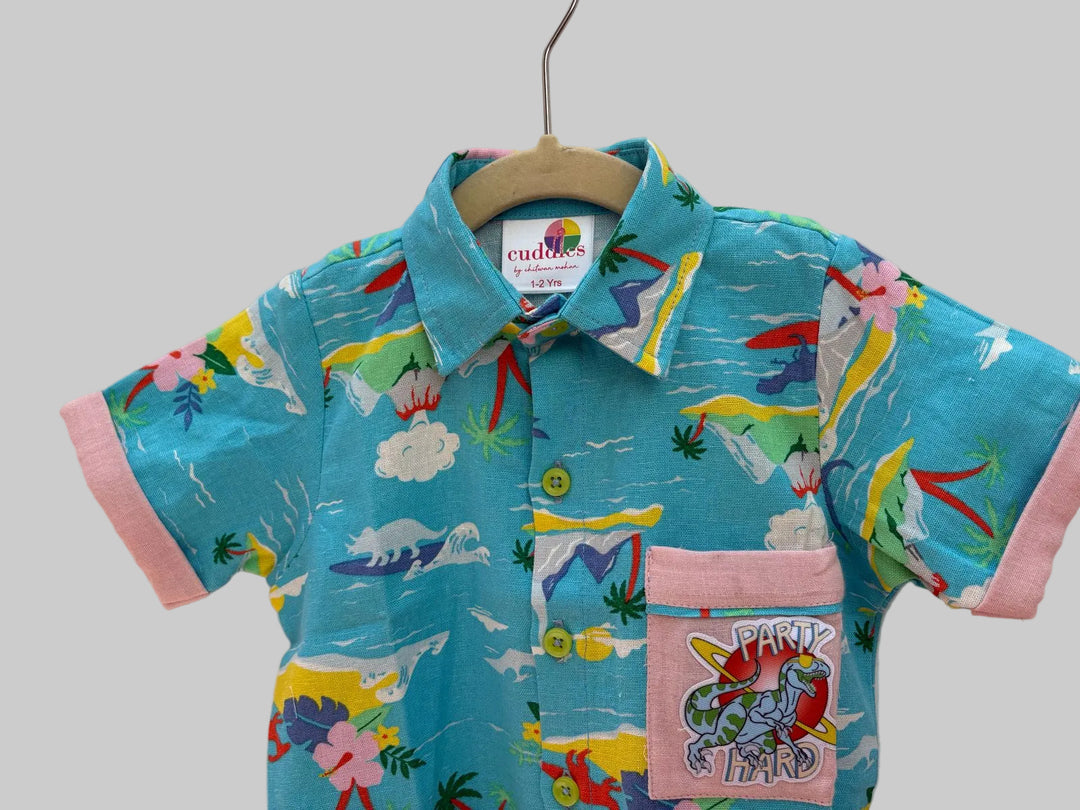 Dino Patch Cotton Linen Shirt & Muslin Shorts Set