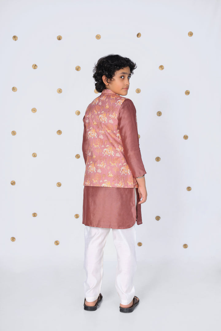 Boys Silk Kurta with Printed Nehru Jacket and Pajama - CuddlesClothing