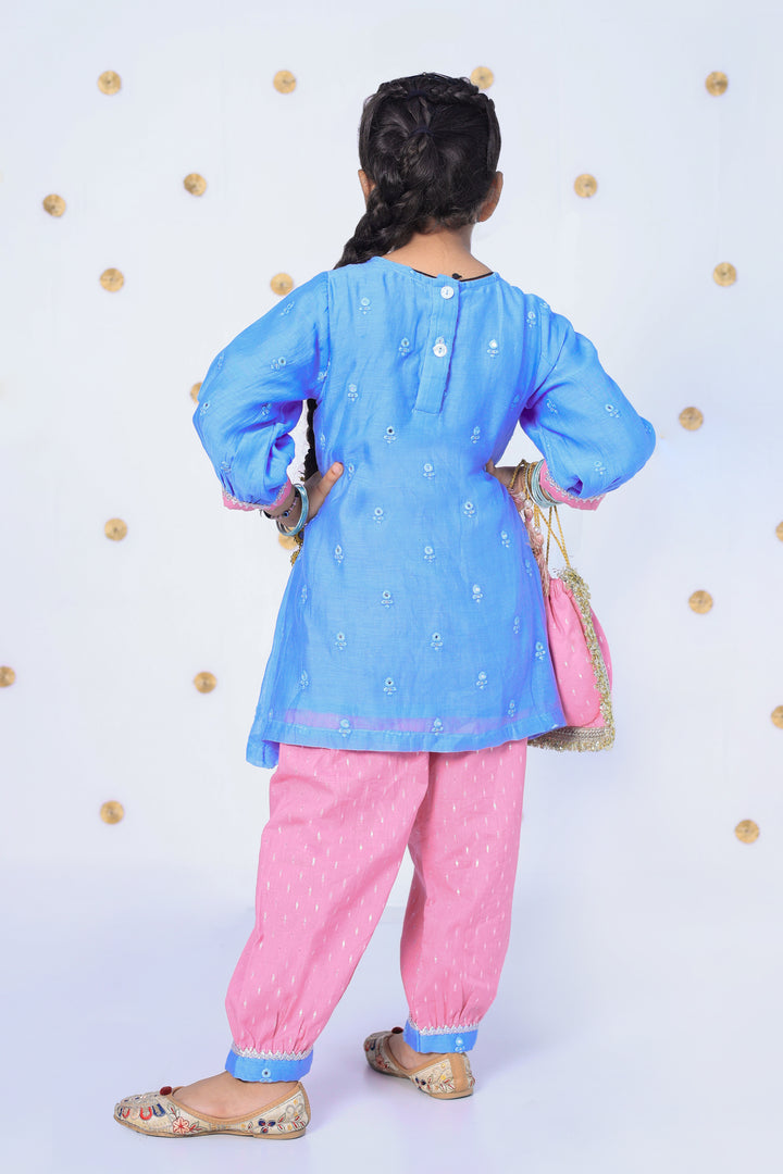 Girls Blue and Pink Embroidered Kurta Set with Matching Potli - CuddlesClothing