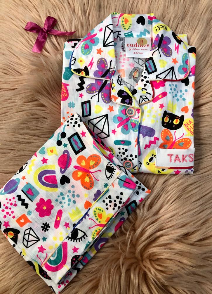 Kids Colorful Doodle Print Cotton Nightsuit - CuddlesClothing