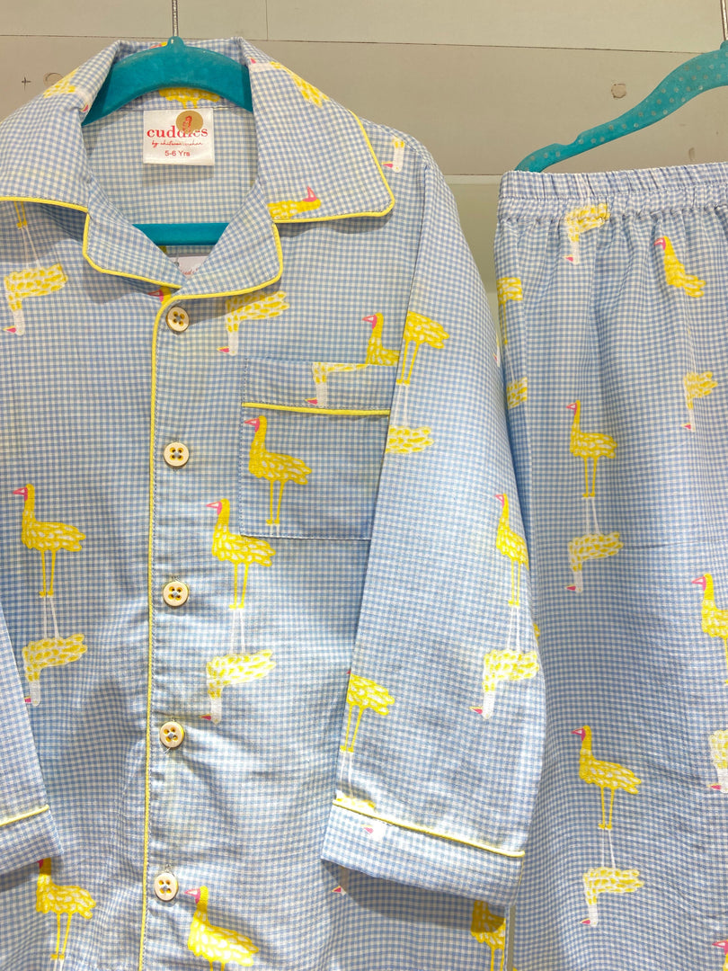 Yellow Bird Gingham Cotton Poplin Kids Nightsuit