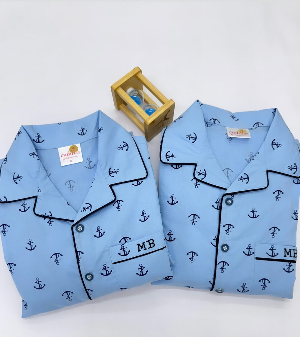 Anchor Print Blue Cotton Nightsuit for Boys - CuddlesClothing