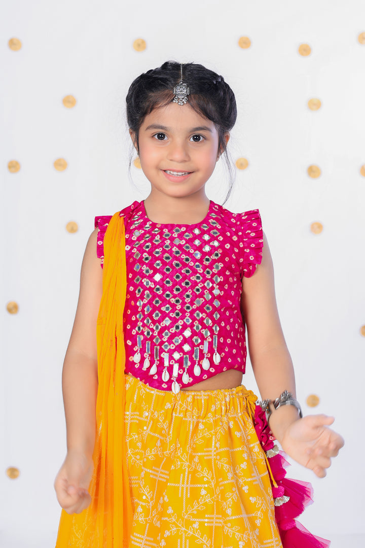 Girls' Pink Mirror Work Choli and Yellow Printed Lehenga Set - CuddlesClothing
