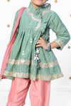 Sage Green EmbroideredAngrakha Kurta with Peach Pants
