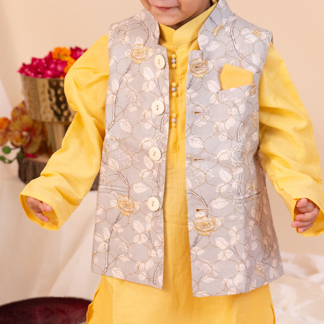 Boys' Floral Print Jacket Set with Cotton Satin Kurta Pajama - CuddlesClothing