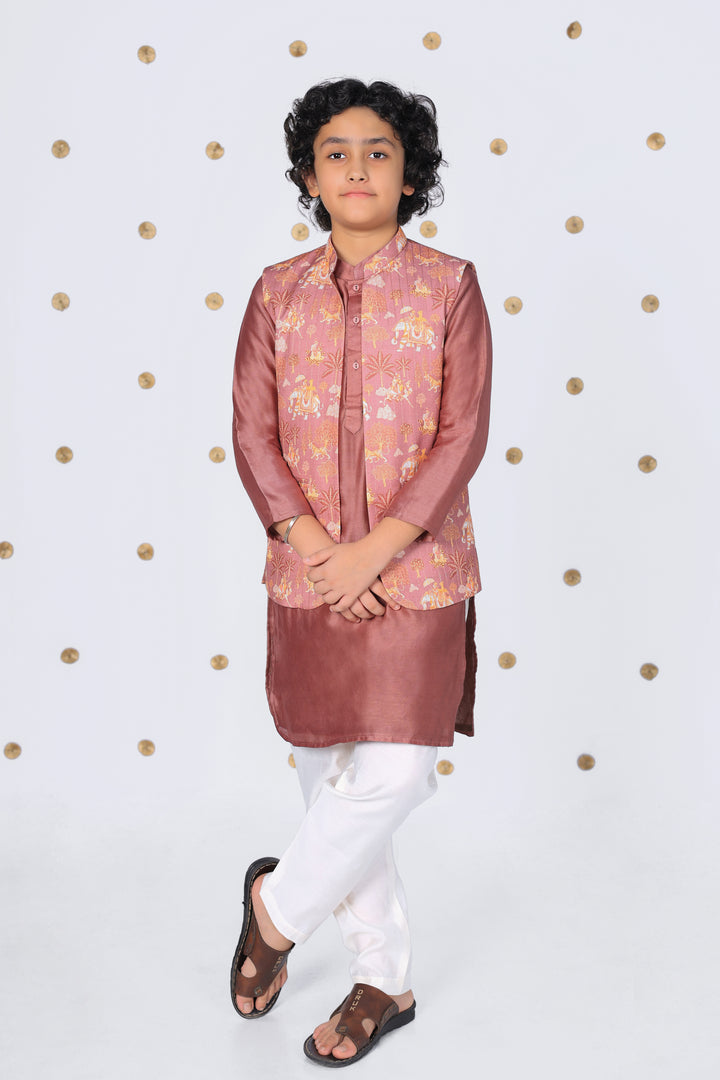 Boys Silk Kurta with Printed Nehru Jacket and Pajama - CuddlesClothing