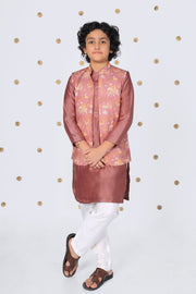 Boys Silk Kurta with Printed Nehru Jacket and Pajama - CuddlesClothing
