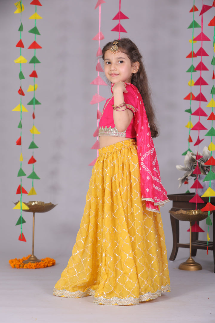 Girls Silk Pink & Yellow Festive Lehenga Choli Set - CuddlesClothing