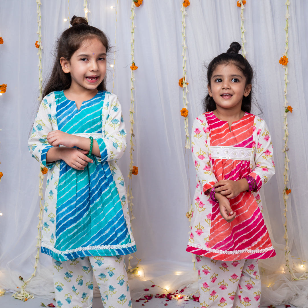 Girls Leheriya Print Kurta Pajama Sets - CuddlesClothing