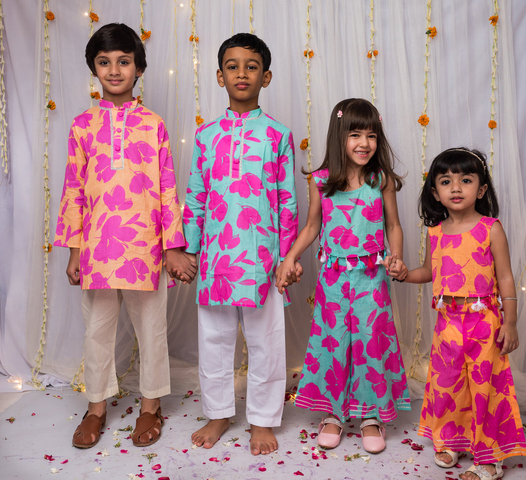 Boys Floral Print Cotton Kurtas in Orange & Blue - CuddlesClothing