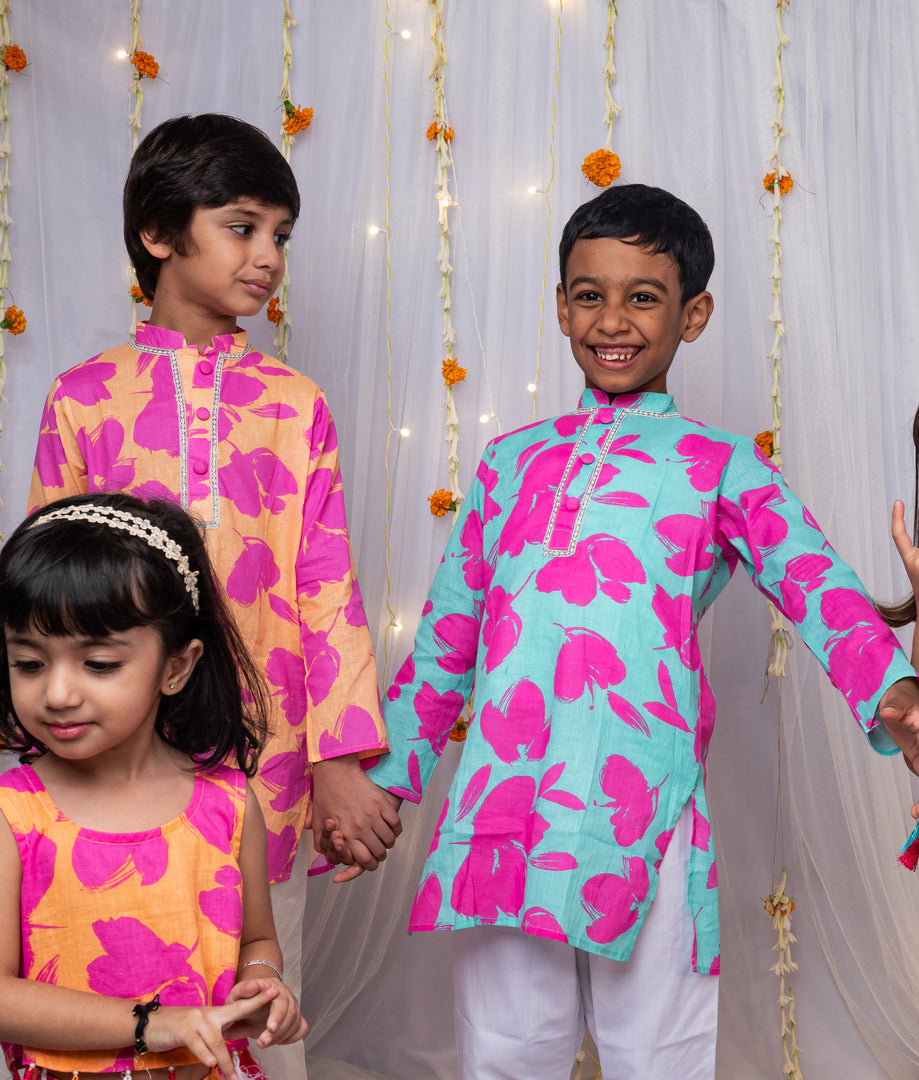 Boys Floral Print Cotton Kurtas in Orange & Blue - CuddlesClothing