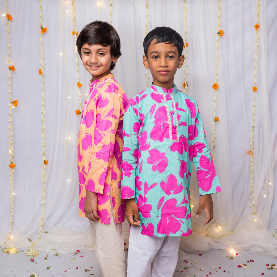 Boys Floral Print Cotton Kurtas in Orange & Blue - CuddlesClothing