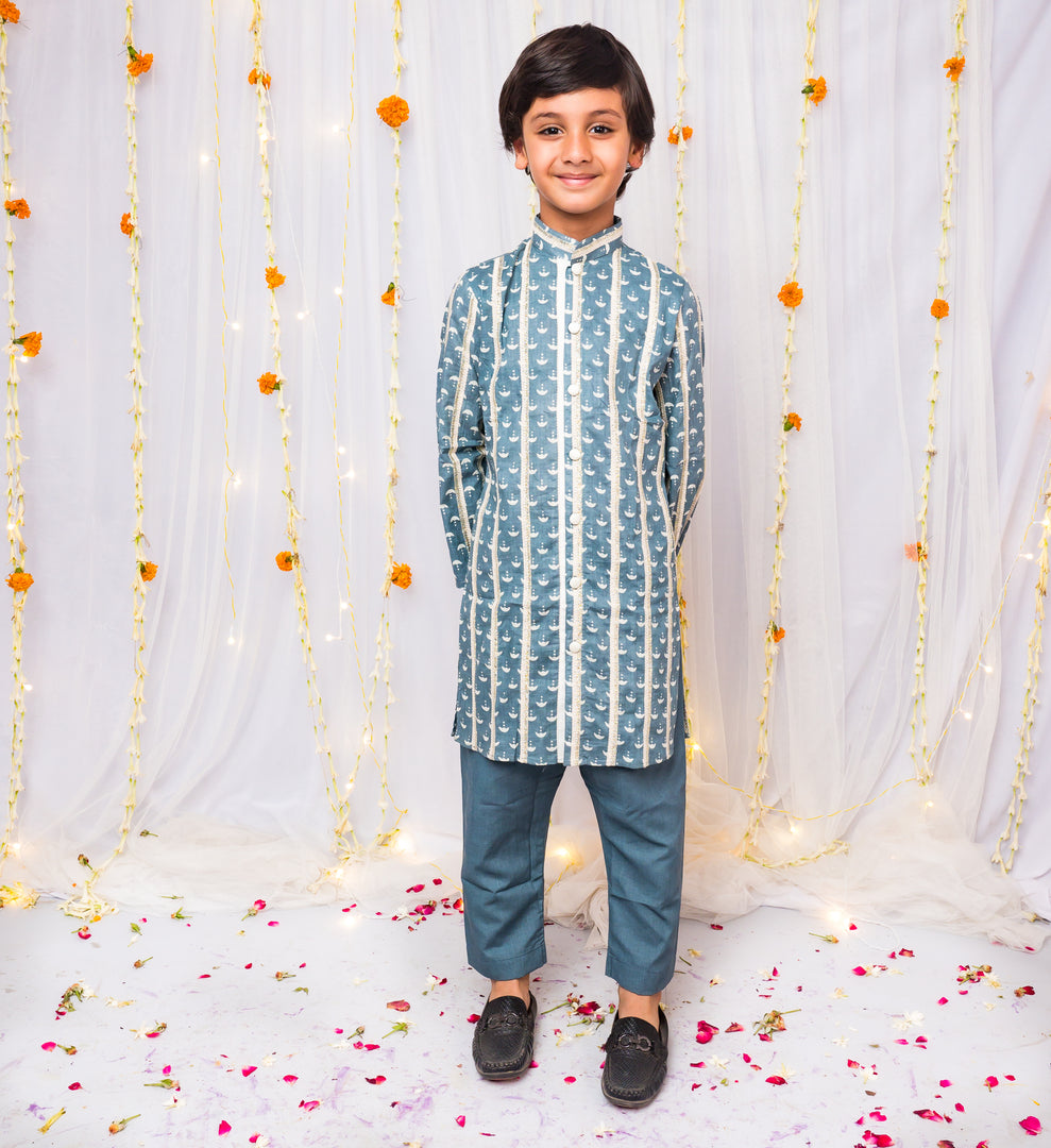 Boys Front-Open Silk Kurta Pajama with Gota Work - CuddlesClothing
