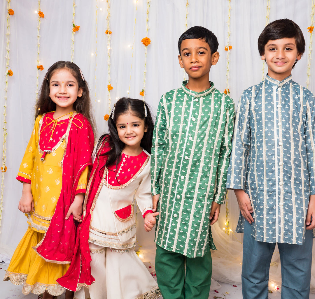 Boys Front-Open Silk Kurta Pajama with Gota Work - CuddlesClothing