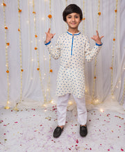 Boys White & Blue Dinosaur Print Cotton Kurta - CuddlesClothing