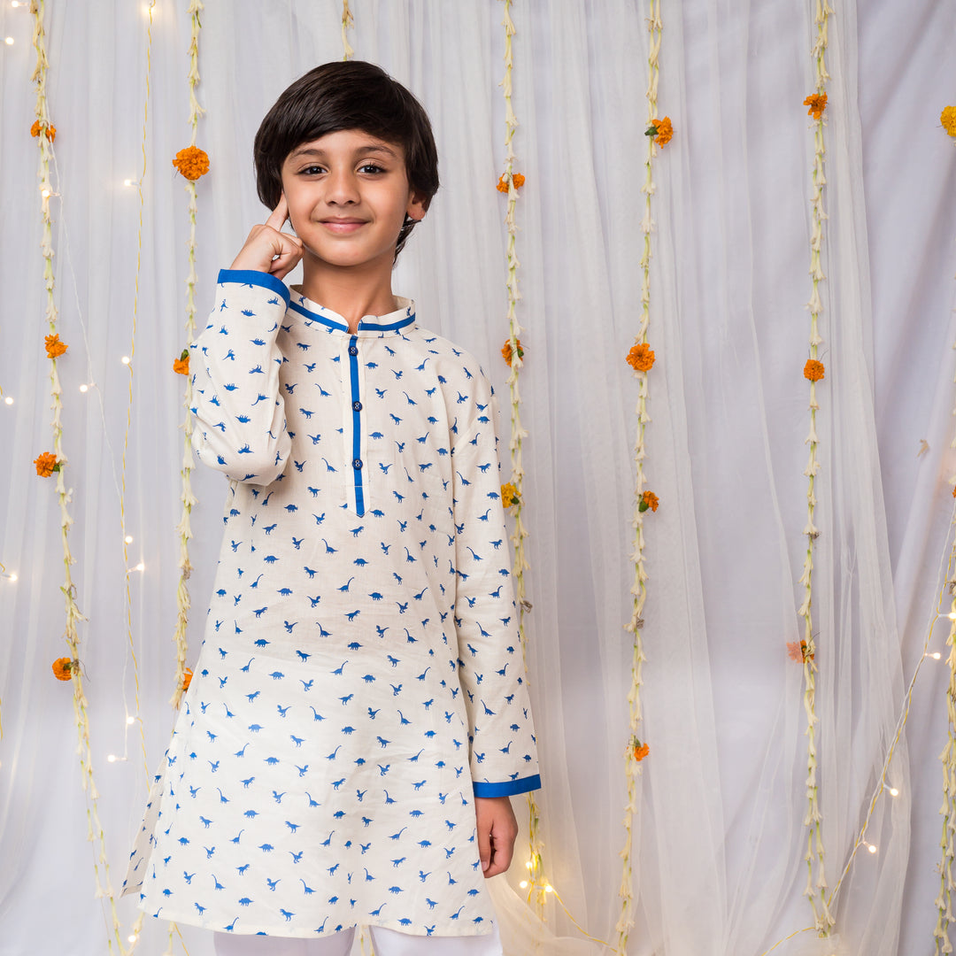 Boys White & Blue Dinosaur Print Cotton Kurta - CuddlesClothing