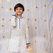 Boys White & Blue Dinosaur Print Cotton Kurta - CuddlesClothing