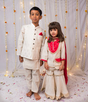 Boys Ivory Kurta Pajama & Striped Nehru Jacket - CuddlesClothing