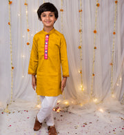 Sunshine Boys Mustard Cotton Satin Kurta Pajama Set - CuddlesClothing