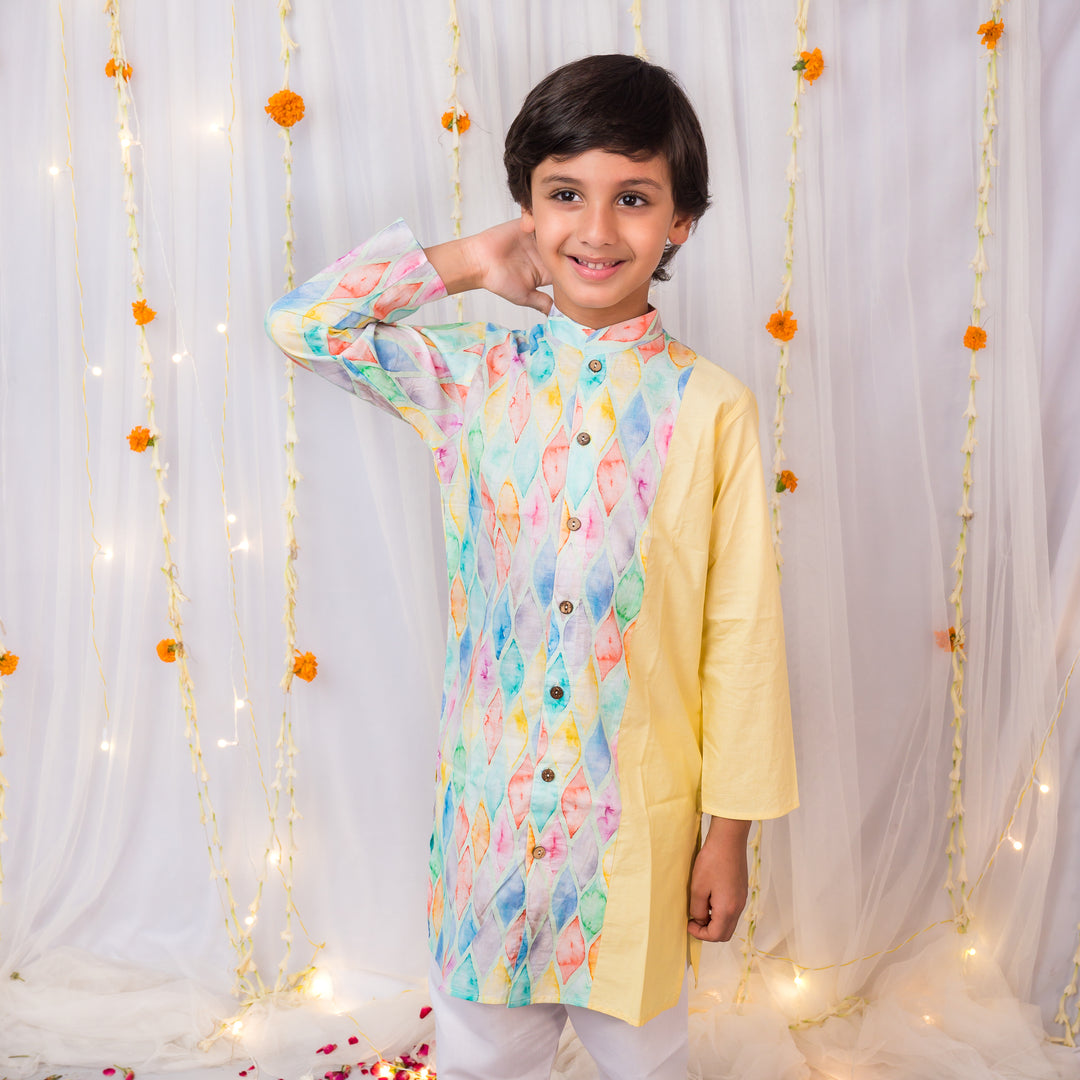 Boys Yellow & Multi-Color Geometric Print Kurta - CuddlesClothing