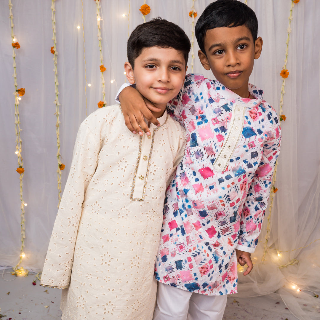 Boys Multi-Color Abstract Print Cotton Chikankari Kurta Set - CuddlesClothing