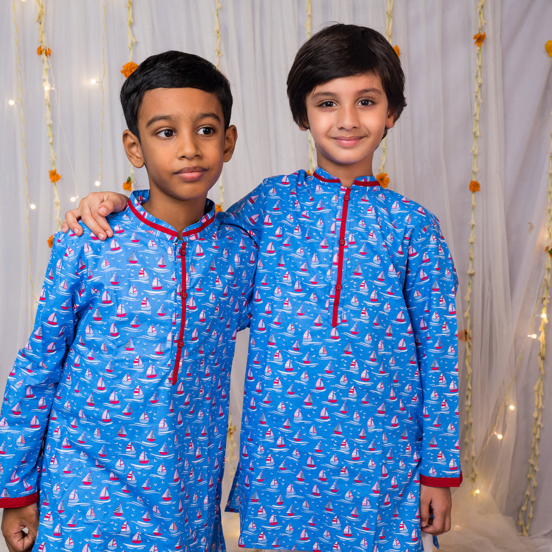 Boys Blue Sailboat Print Cotton Kurta Set - CuddlesClothing