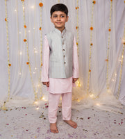 Boys Grey & Pink Silk 3-Pc Nehru Jacket Set - CuddlesClothing