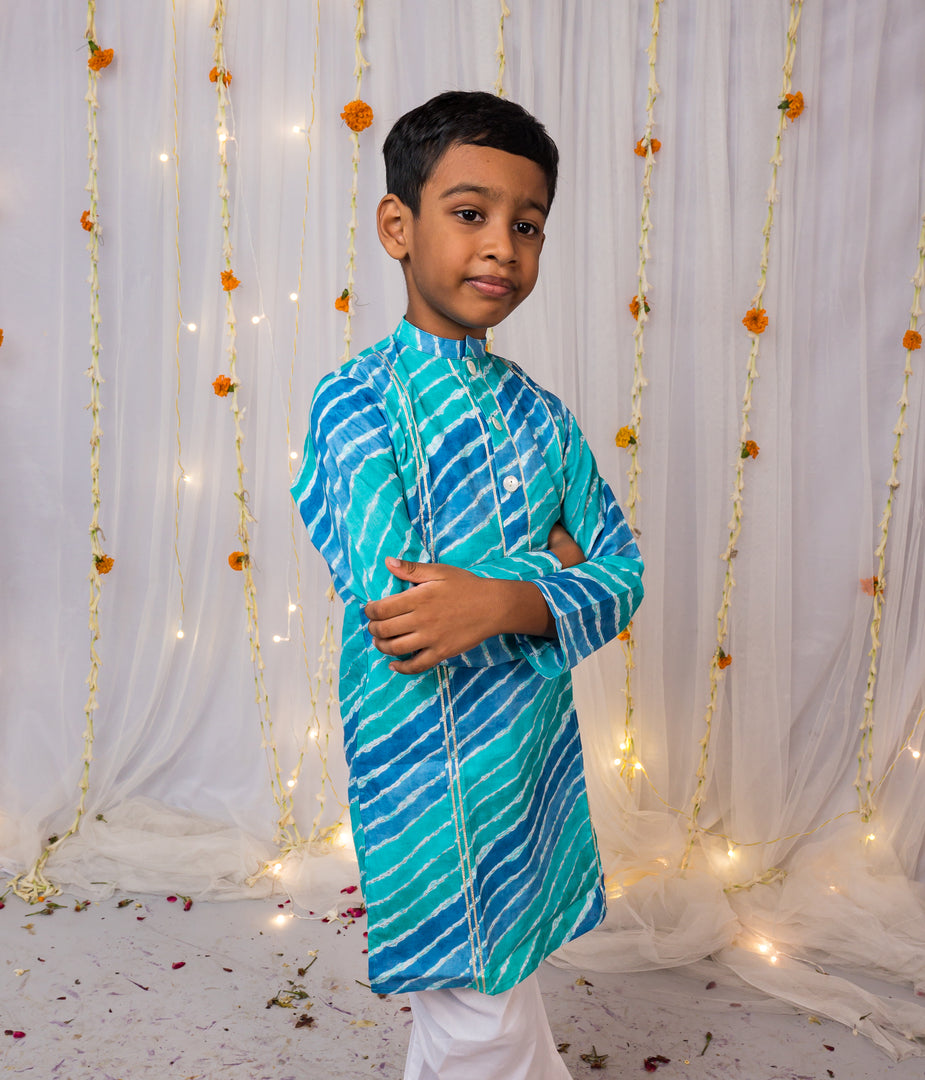 Kids Designer Blue Leheriya Kurta Pajama Set - CuddlesClothing