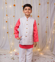 Boys Grey Printed Nehru Jacket with Pink Kurta Pajama Set - CuddlesClothing