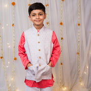 Boys Grey Printed Nehru Jacket with Pink Kurta Pajama Set - CuddlesClothing