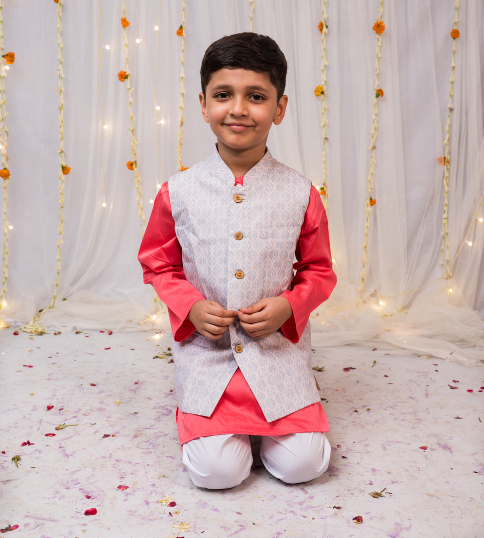 Boys Grey Printed Nehru Jacket with Pink Kurta Pajama Set - CuddlesClothing