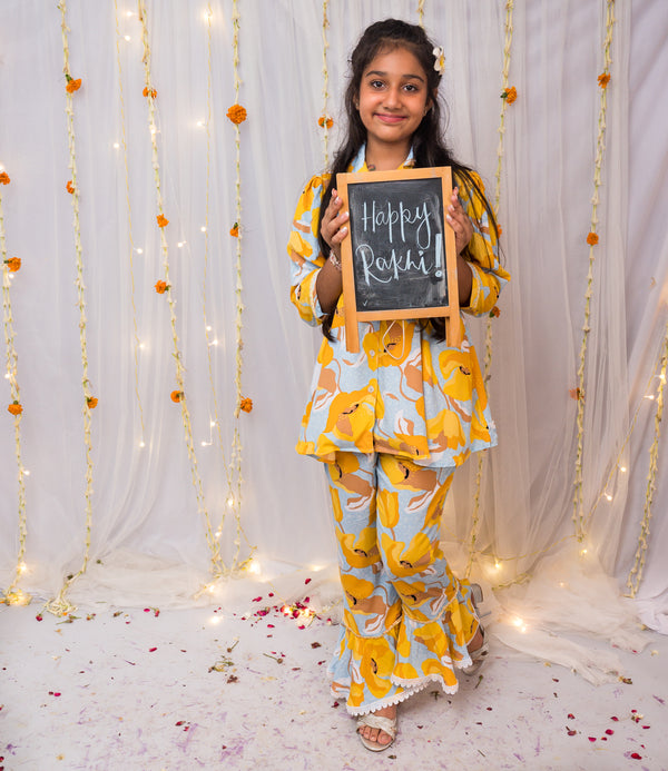 Yellow Floral Print Co-ord Set for Girls - CuddlesClothing