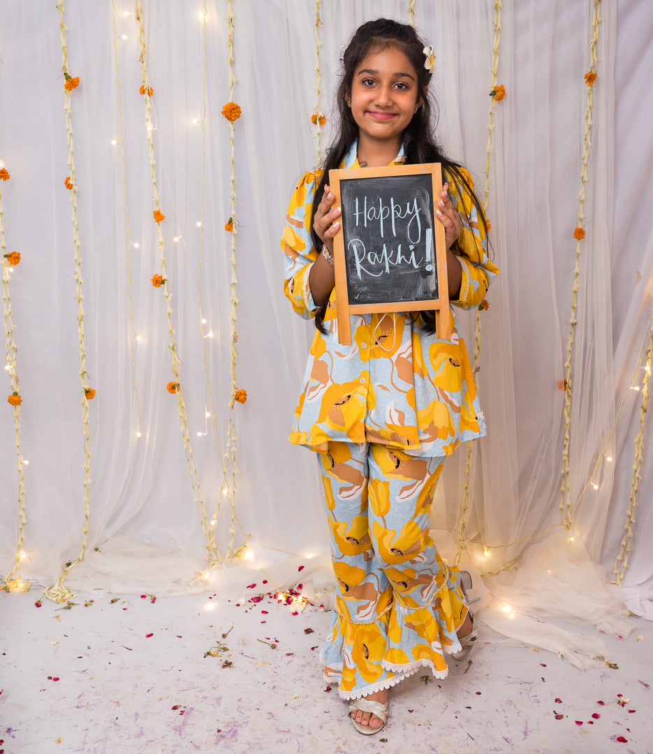 Yellow Floral Print Co-ord Set for Girls - CuddlesClothing