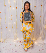 Yellow Floral Print Co-ord Set for Girls - CuddlesClothing