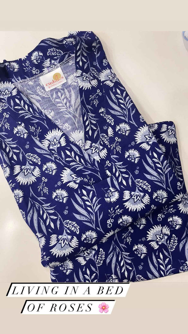 Indigo Floral Pajama Set for Ultimate Comfort in Cotton Rayon - CuddlesClothing