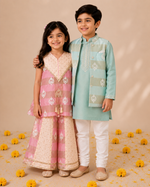 Load image into Gallery viewer, Mint Mul Chanderi Kurta Set with Embroidered Mul Chanderi Jacket