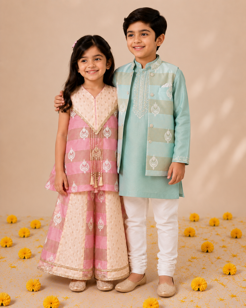 Mint Mul Chanderi Kurta Set with Embroidered Mul Chanderi Jacket