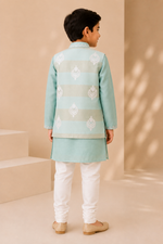 Load image into Gallery viewer, Mint Mul Chanderi Kurta Set with Embroidered Mul Chanderi Jacket