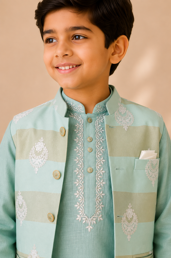 Mint Mul Chanderi Kurta Set with Embroidered Mul Chanderi Jacket