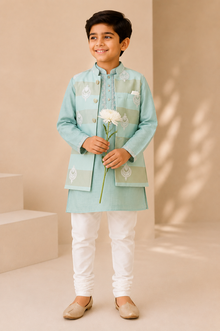 Mint Mul Chanderi Kurta Set with Embroidered Mul Chanderi Jacket