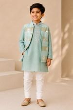 Load image into Gallery viewer, Mint Mul Chanderi Kurta Set with Embroidered Mul Chanderi Jacket